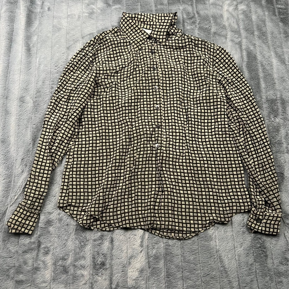 Bedford Fair Lifestyles 100% Silk Button Down Shirt Black Cream Grid Large 13664